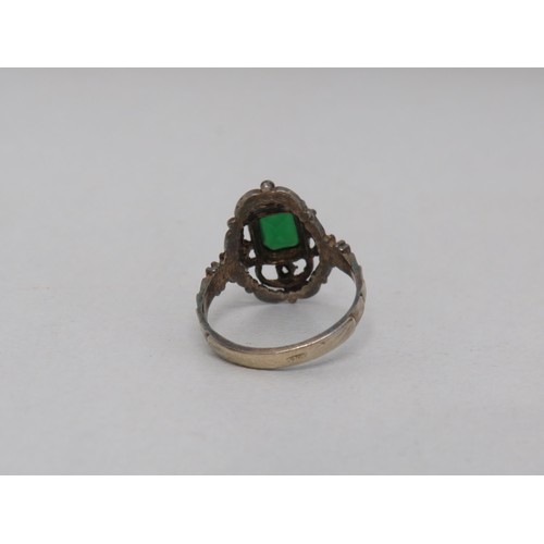 17 - Antique yellow metal diamond chip green stone ring