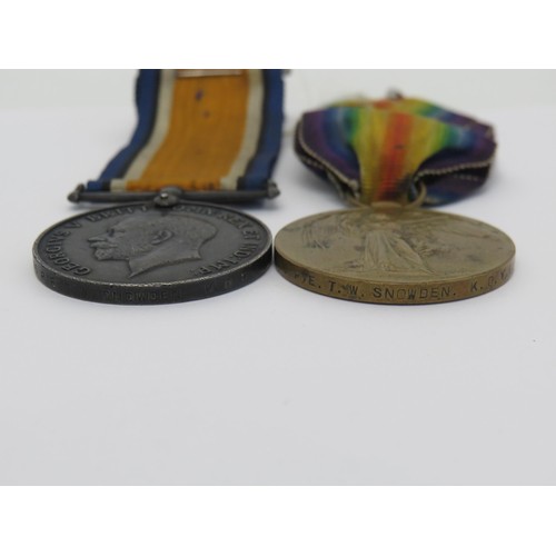 51 - WWI medal pair awarded to 30995 PTE. T. W. Snowden. K.O.Y.L.I.