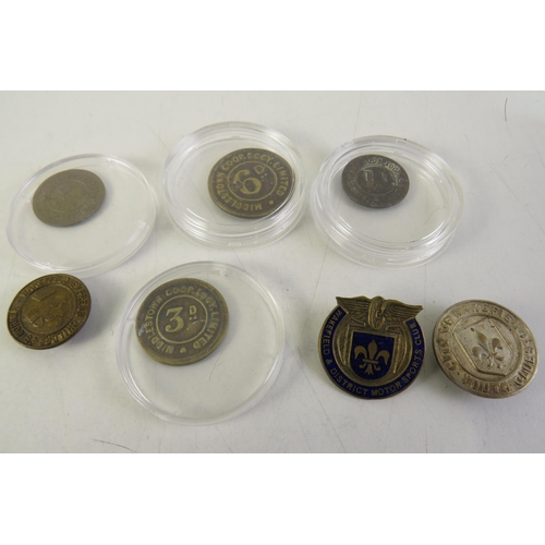 30 - Four Wakefield and Middlestown co-op tokens with three wakefield club badges