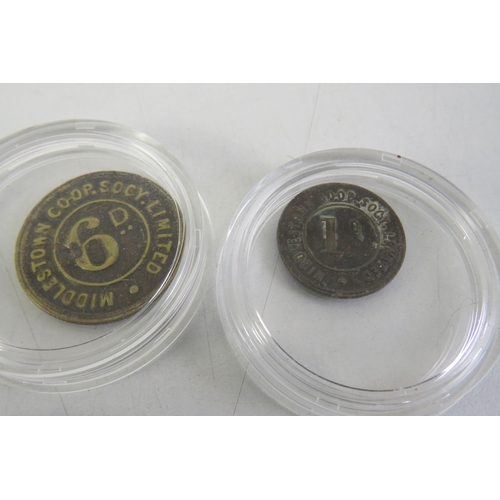 30 - Four Wakefield and Middlestown co-op tokens with three wakefield club badges