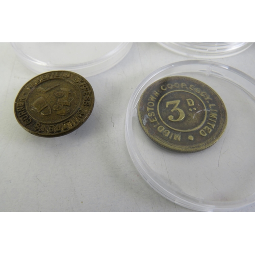 30 - Four Wakefield and Middlestown co-op tokens with three wakefield club badges