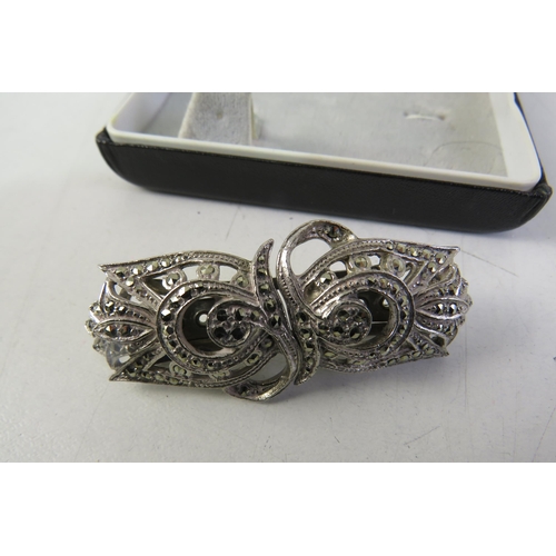 139 - Antique bar brooch collar clips- Marcasite - white metal