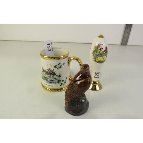 157 - Ye old pub handle mead bottle, sealed original Beswick scotch whisky decanter and carrigaline potter... 