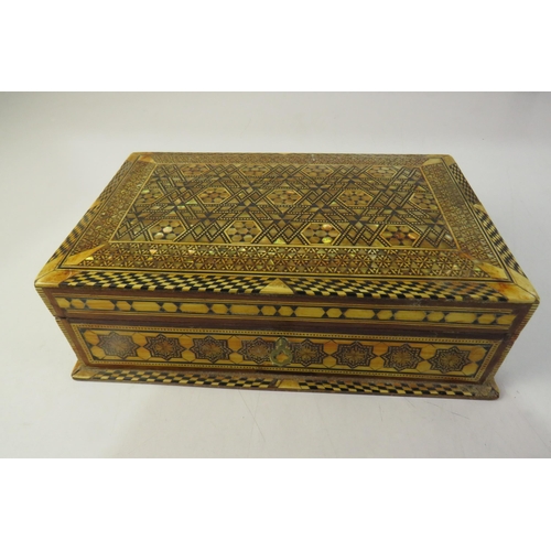 171 - Antique inlaid wood jewellery box with mother of pearl jewellery and contents