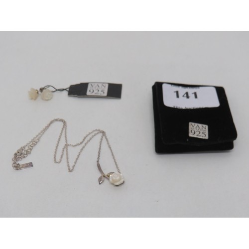 141 - Van peterson silver 925 mother of pearl rose set earrings, necklace, pendant