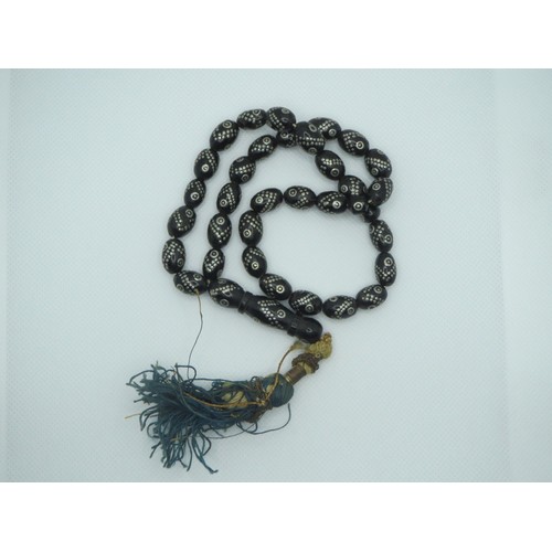 72 - Antique Black Coral Yusr Misbaha rosary prayer beads inlaid with silver 32.2g