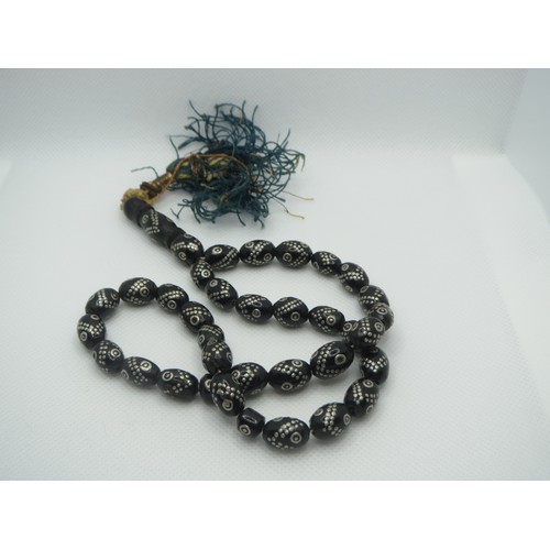 72 - Antique Black Coral Yusr Misbaha rosary prayer beads inlaid with silver 32.2g