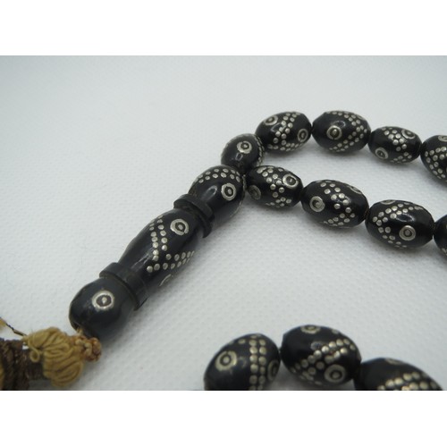 72 - Antique Black Coral Yusr Misbaha rosary prayer beads inlaid with silver 32.2g