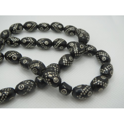 72 - Antique Black Coral Yusr Misbaha rosary prayer beads inlaid with silver 32.2g