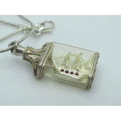 75 - Vintage Nuvo silver & rubies ship in a bottle pendant/charm on 20