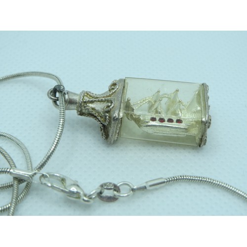 75 - Vintage Nuvo silver & rubies ship in a bottle pendant/charm on 20