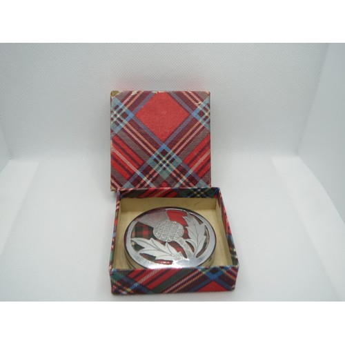 64 - Vintage Art Deco Scottish Thistle Tartan dual opening compact with original tartanware box.