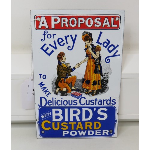 63 - Birds Custard Powder enamel advertising sign.
Size 26.5 x 17.5cms.