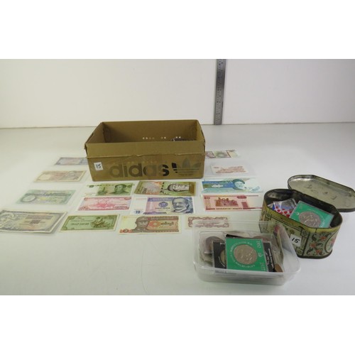 15 - Box of coin's, tokens, tins, banknotes etc