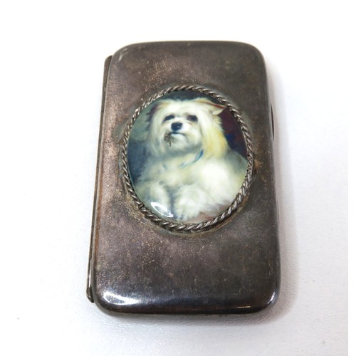 44 - Antique c1881 Sterling silver ladies cigarette case with Maltese dog oval plaque, London Hallmarks.
... 