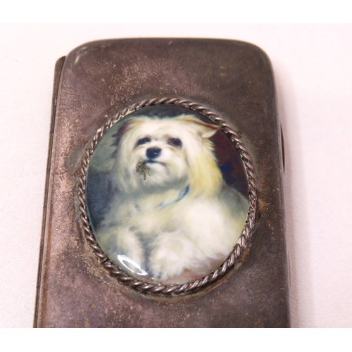 44 - Antique c1881 Sterling silver ladies cigarette case with Maltese dog oval plaque, London Hallmarks.
... 