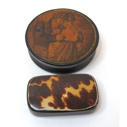 50 - Antique continental circular Papier Mache snuff box with courting couple decorated lid and Georgian ... 