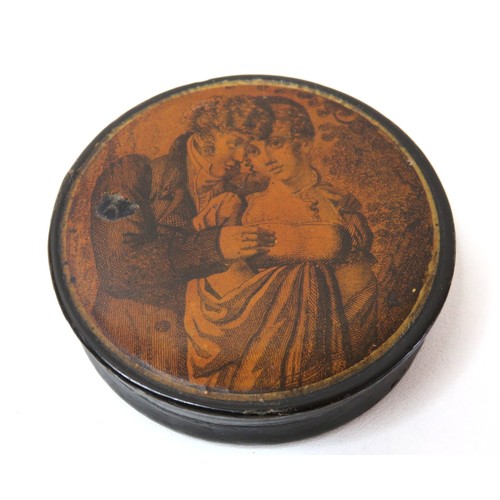 50 - Antique continental circular Papier Mache snuff box with courting couple decorated lid and Georgian ... 