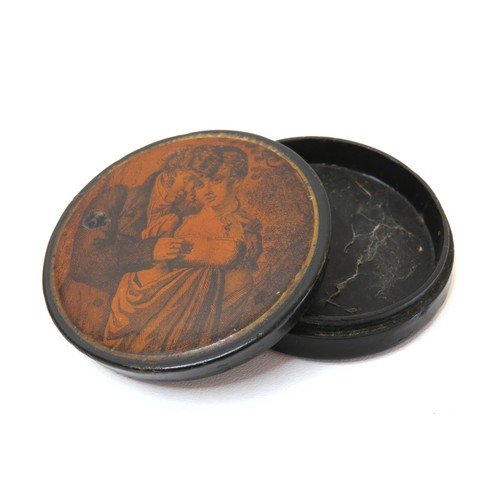 50 - Antique continental circular Papier Mache snuff box with courting couple decorated lid and Georgian ... 