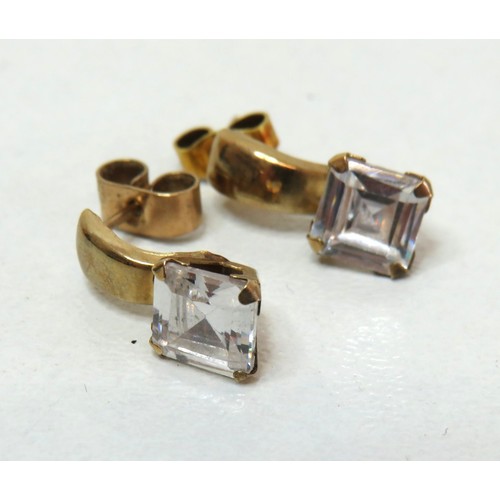 53 - 9ct gold square CZ drop earrings, 1.5g.