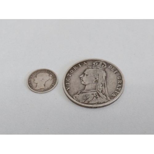 22 - 1891 Victoria silver Halfcrown and 1867 Victoria young head silver 3d