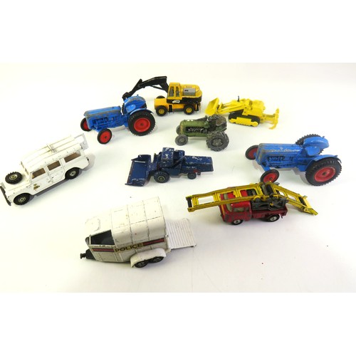 278 - Vintage diecast includes tractors, Corgi Horsebox, Corgi Land Rover etc.