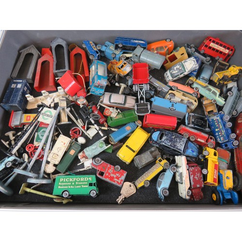 262 - Large aluminium case full of diecast to include Matchbox Lesney, Petrol pumps