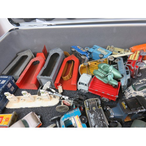 262 - Large aluminium case full of diecast to include Matchbox Lesney, Petrol pumps