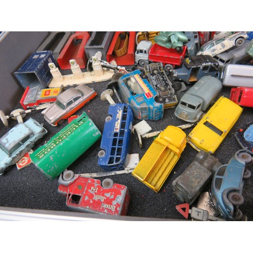 262 - Large aluminium case full of diecast to include Matchbox Lesney, Petrol pumps