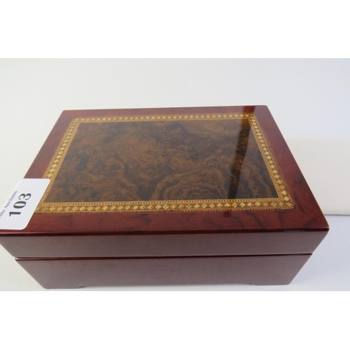 103 - Wooden inlay jewellery box full of mixed jewellery