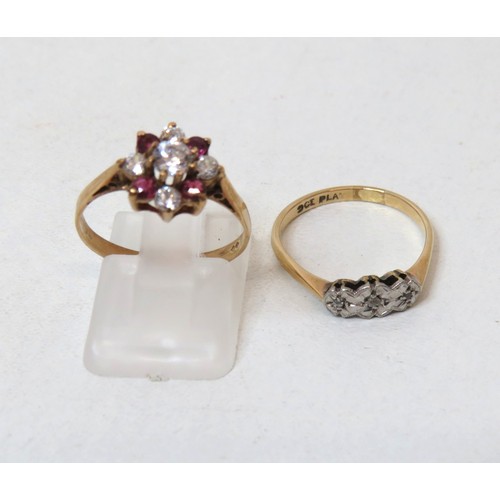 8 - 9ct Gold & Platinum Diamond Trilogy ring size M, weight 1.6g and 9ct Gold Rubies & CZ cluster ring s... 