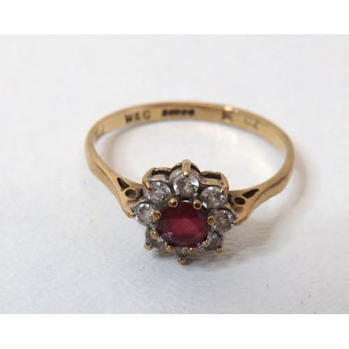 9 - 9ct Gold Ruby & CZ cluster ring size P1/2, weight 1.7g and 9ct Gold CZ trilogy twist ring size M1/2,... 