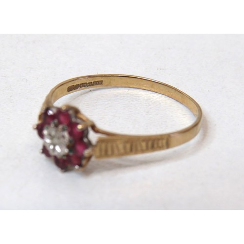 11 - 9ct Gold Rubies & Diamond cluster ring size T, weight 1.5g and 9ct Gold Ruby & Diamond wishbone ring... 