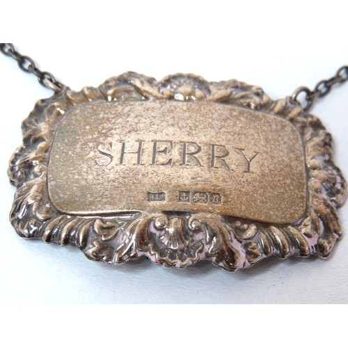 17 - Vintage c1976 Sterling Silver Sherry decanter label.
Birmingham hallmarks, Bishton's Ltd 
Weight 13.... 