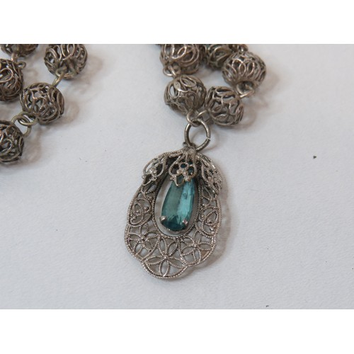 26 - Antique silver filigree necklace with Aquamarine pendant,