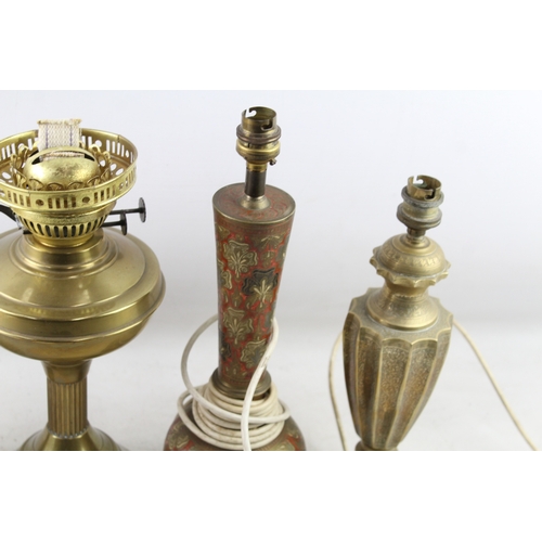 466 - Vintage Brass Lamps Inc Oil Lamp & Converted Oil Lamp, SE Asian Etc UNTESTED x 4