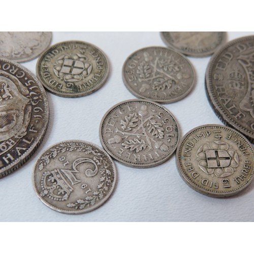 39 - Collection of silver coins includes Threepence and Half Crowns.