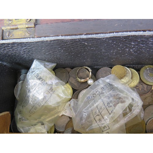 224 - Old victorian box with 1800 coin with old mixed coins and contents some silver