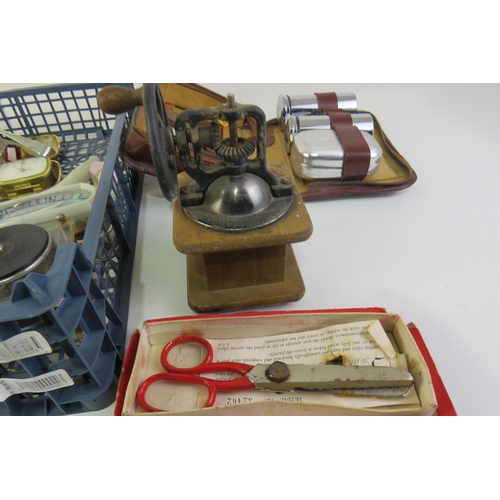 369 - Tray of mixed collectables, scissors, napkin rings, thimbles, sugar tongs, travel clock etc