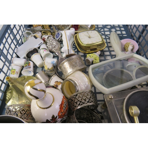 369 - Tray of mixed collectables, scissors, napkin rings, thimbles, sugar tongs, travel clock etc