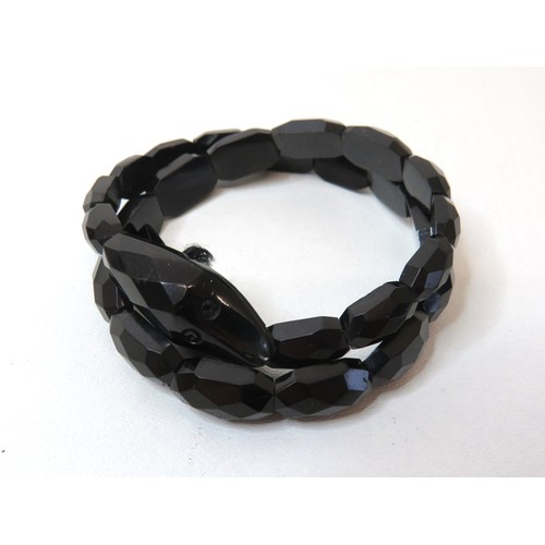 70 - Antique Victorian carved faceted Whitby Jet coiled snake wrap around bracelet