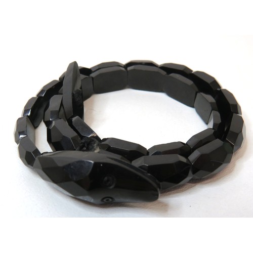 70 - Antique Victorian carved faceted Whitby Jet coiled snake wrap around bracelet