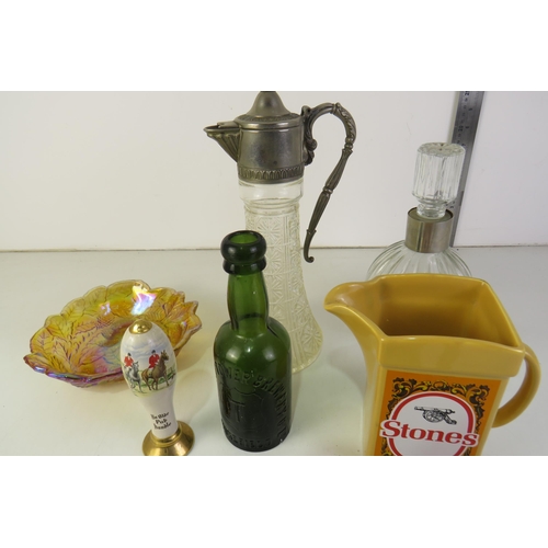 375 - Selection of various jugs stones, black n tan, britvic, tadcaster bottle, claret jug