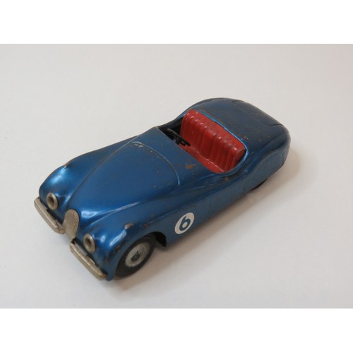 88 - 1950's Minimodels tinplate blue Jaguar XK120 and 1967 Hot Wheels Redline Deora Aqua.