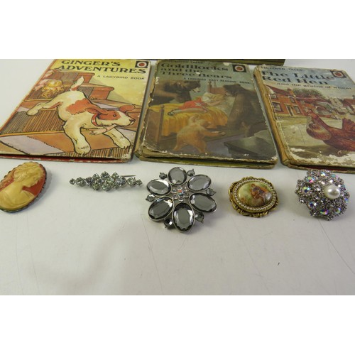 52 - Vintage miscellaneous items includes jewellery, cutlery canteens and three ladybird books