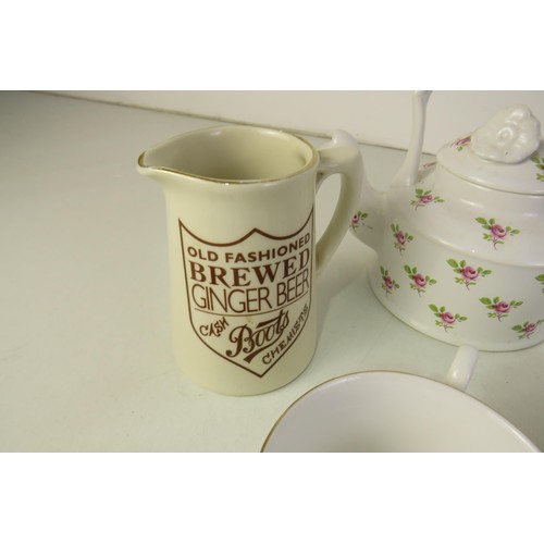 391 - Ceramics includes royal stafford arthur wood teapot, boots chemists, ginger beer jug