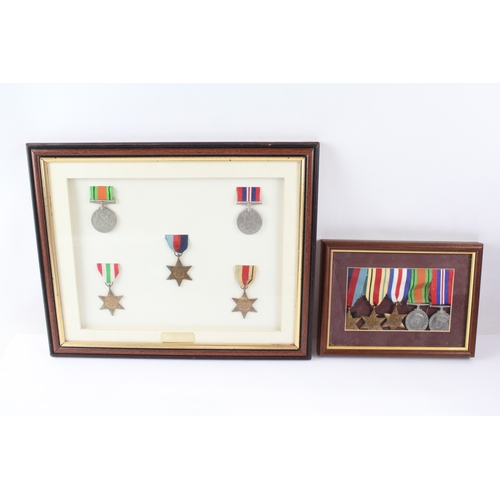 147 - Framed WW2 Medal Groups Inc Africa, Italy, France & Germany Stars, Etc x 2