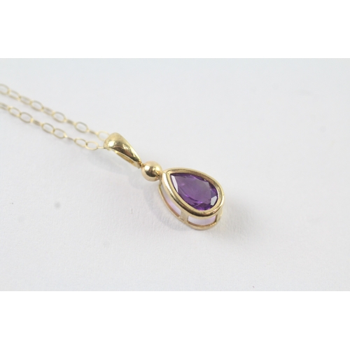 31 - 9ct gold pear cut amethyst pendant necklace-0.89g