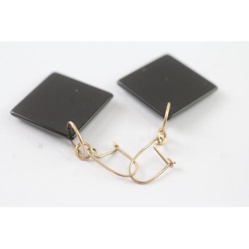 46 - 9ct gold square cut black onyx drop earrings