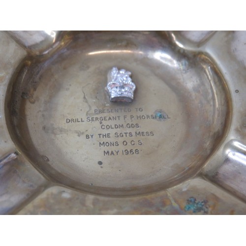 423 - Military Ashtray presented to Drill Sergeant F.P. Horsfall COLDM Guards, Malaysian medal, cap badge ... 